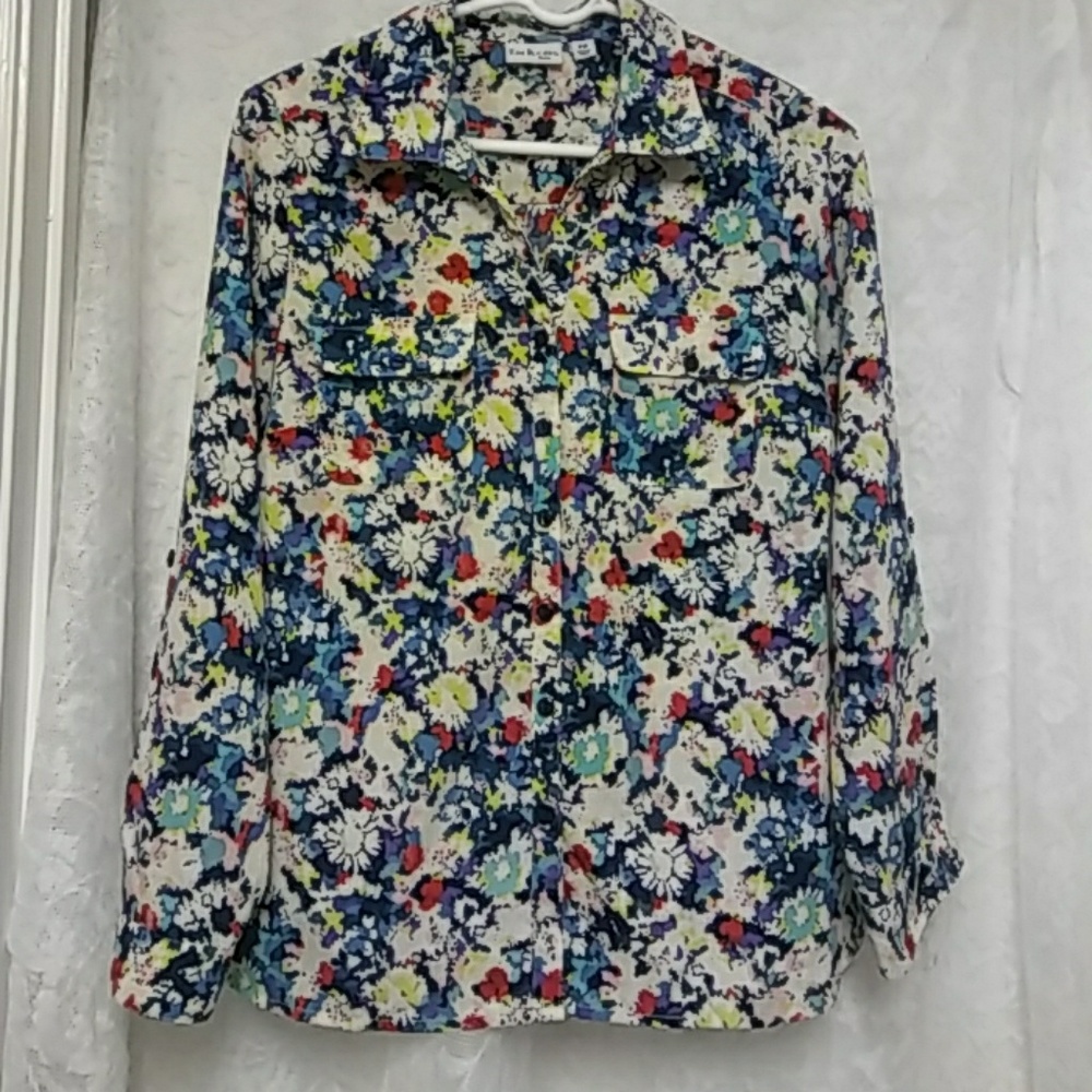 Water Color Floral Print Button Down/ Up Shirt Artsy Colorful Casual Resort